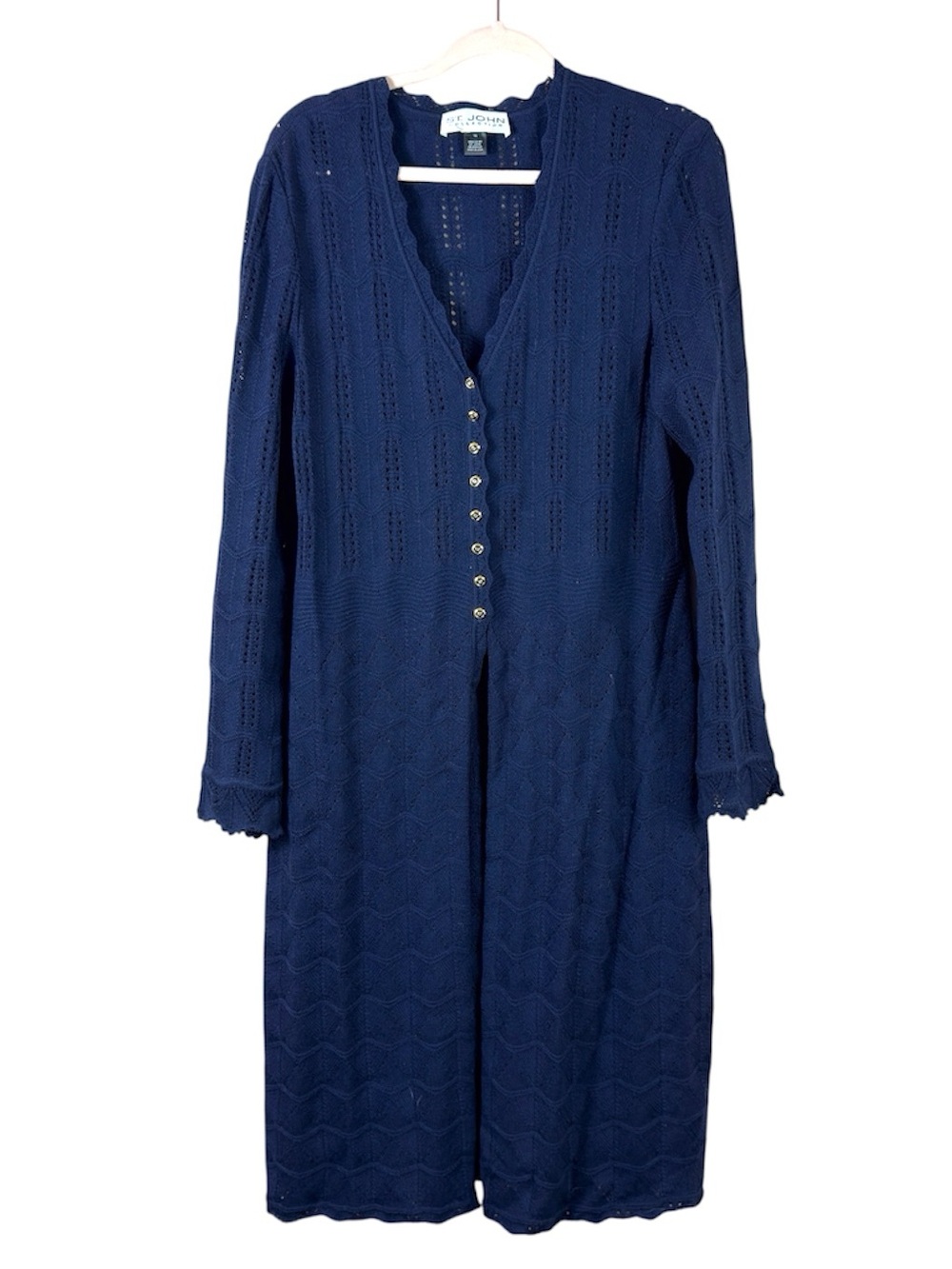 St. John womens size 16 navy blue crochet knit button down wool duster cardigan
